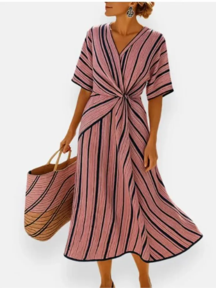 Woman Striped Print Folds Maxi Dresses 2025 Spring Summer Casual V Neck Short Sleeve Vacation Beach Long Dress Boho Loose Dress