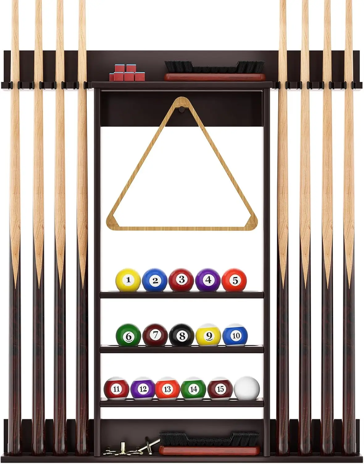

Wall Mounted Pool Cue Rack for 8 Sticks, Organizes Balls and Accessories in Dark Brown