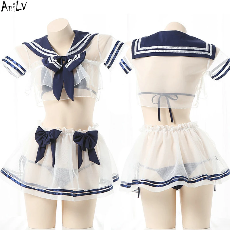 AniLV Anime Student Sailor Swimstuit Dress Swimwear Unifrom Women Leather Bow Nightdress Pajamas Outfits Costumes Cosplay