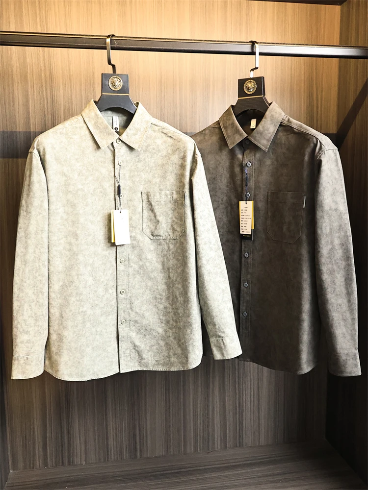 

American Faion Brand Tie Dye Long Sve irt Coat for Men Retro Collar Pure Color Autumn Skin Friendly Stand Fit