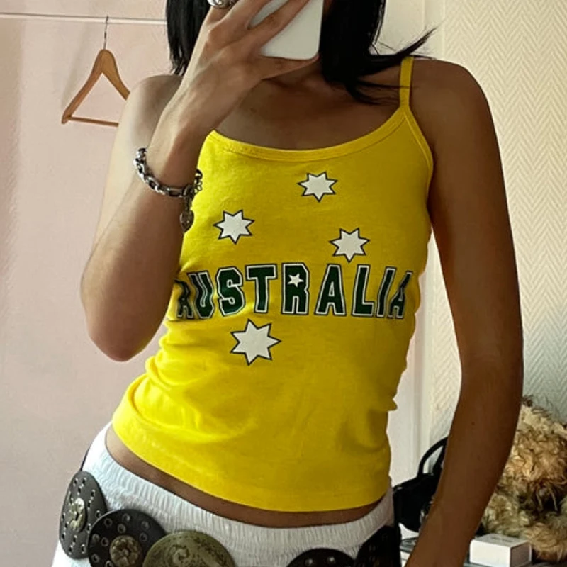 Sexy Summer Cute Yellow Australia Graphic Tank Tops Female Fairycore Vintage Crop Top Aesthetic Women's Y2K Clothes Emo Girls