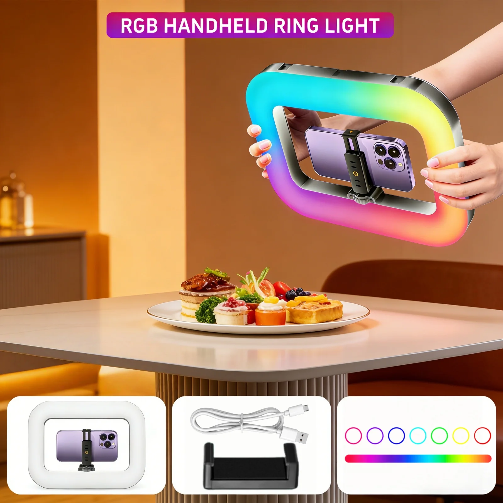 

Portable RGB Ring Light,Handheld Selfie Light Kit,LED Phone Video Stabilizer Light with Battery for Phone Light Video Recording