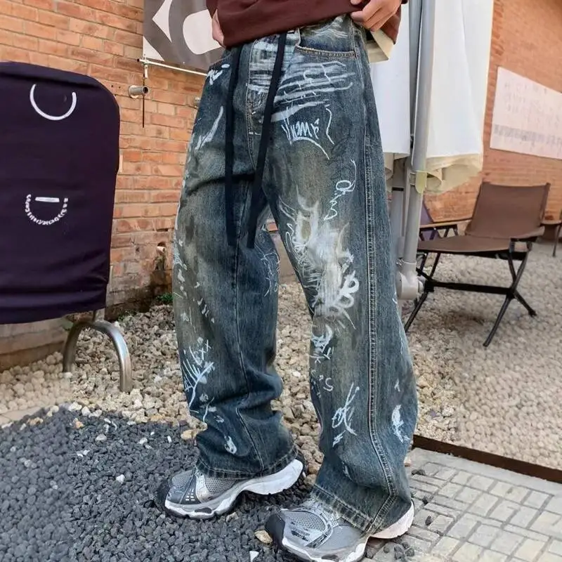 Herfst Jeans Broek Mannen High Street Graffiti Print Drop Crotch Jeans Losse Rechte Wijde Pijpen Draggable Broek Hiphop Streetwear