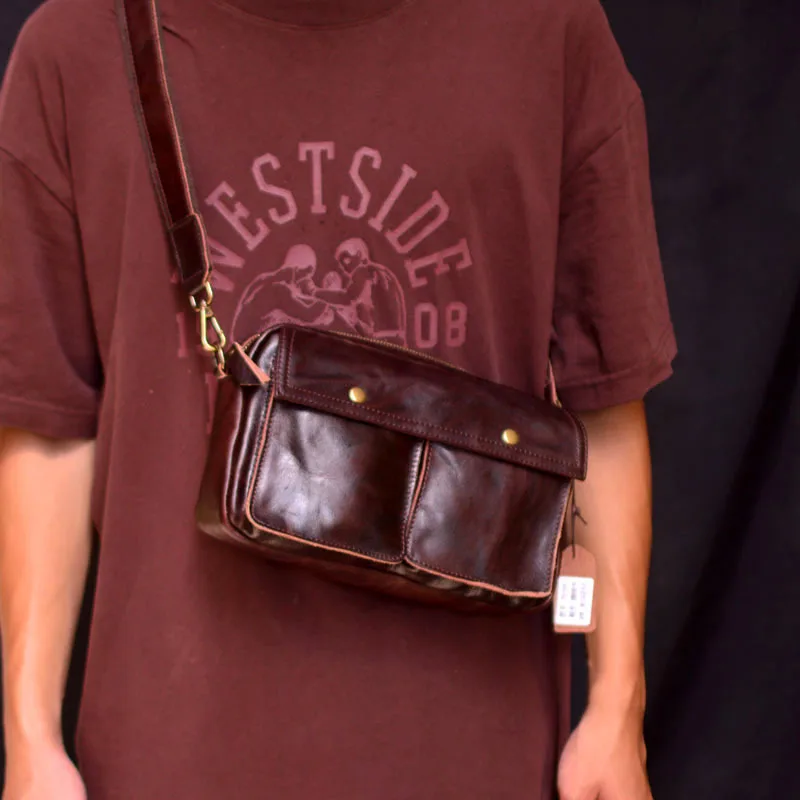 Simple men's leather shoulder messenger bag, vegetable tanned cowhide carry-on bag, retro bag men's mailman bag