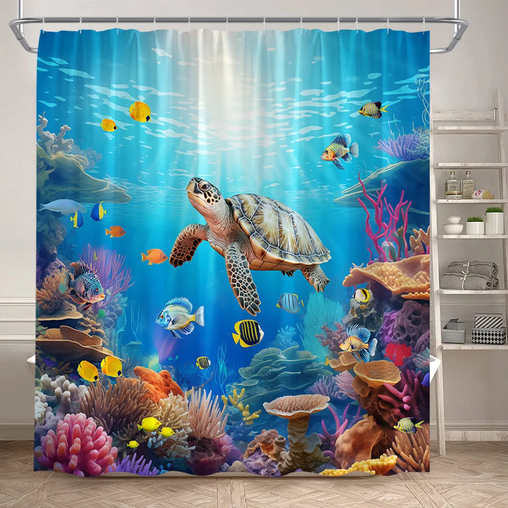 Sea Turtle Shower Curtains Ocean Fish Coral Seagrass Underwater Scenery Polyester Fabric Bathroom Curtain Decoration with Hooks