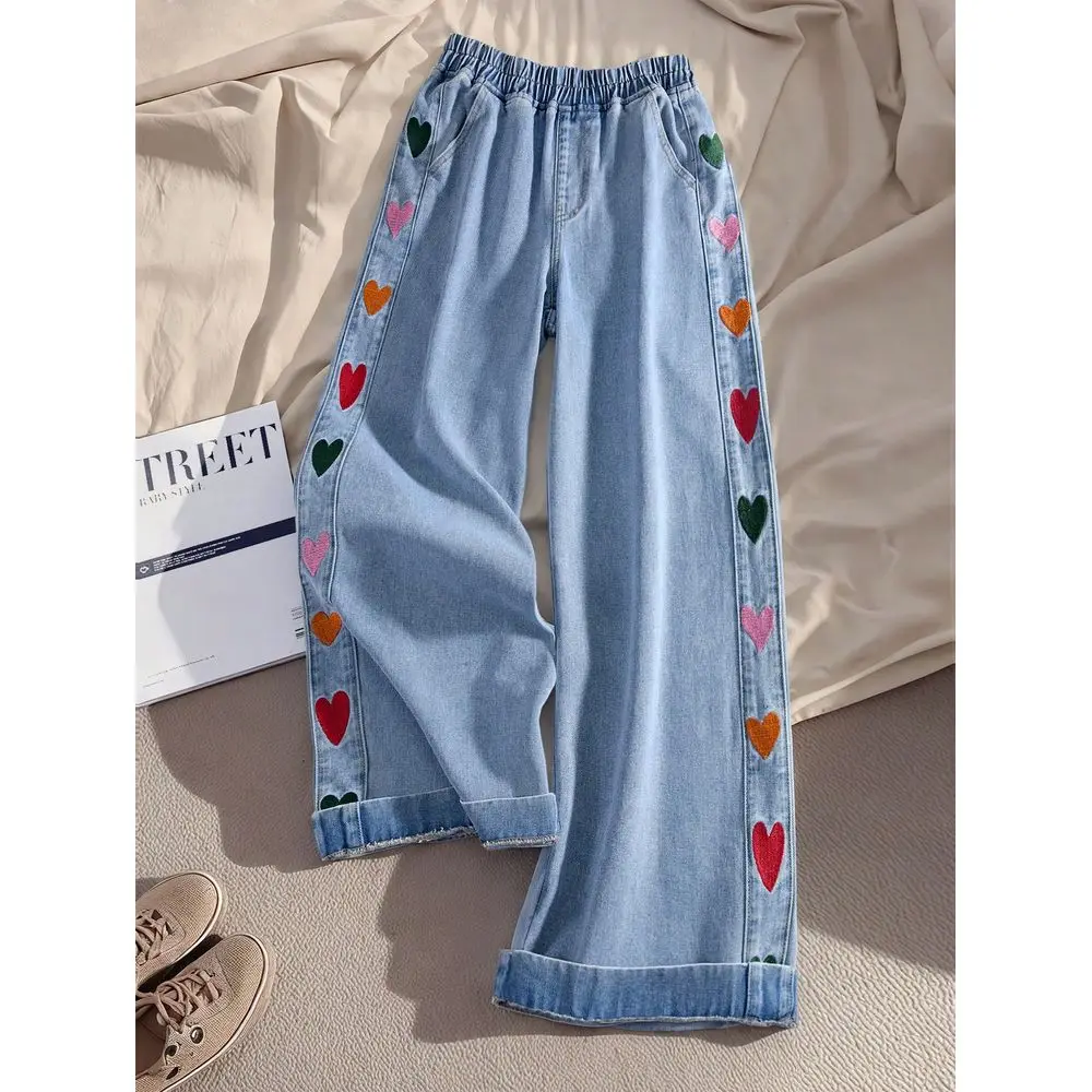 

Womens Heart Embroidered Elastic Waist Slant Pocket Casual Wide Leg Jeans