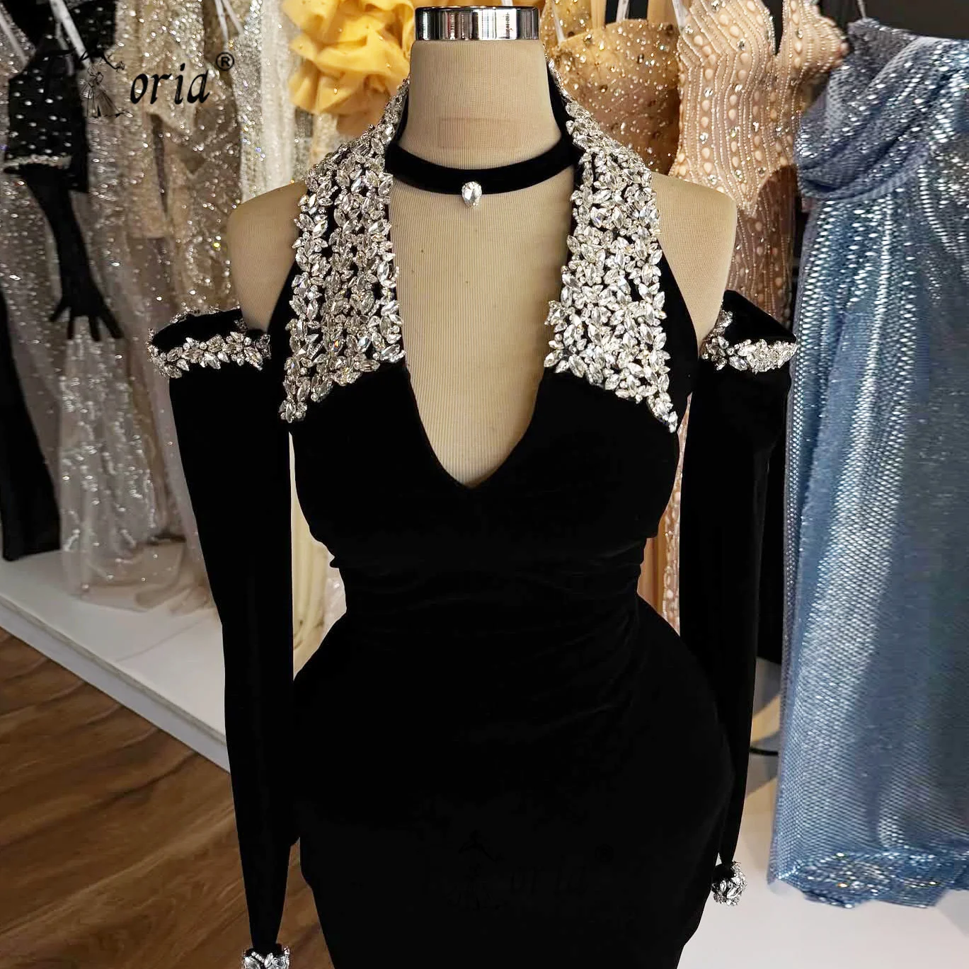 크리스탈 블랙 벨벳 댄스 파티 드레스 발목 길이 긴 소매 칵테일 파티 드레스 꾸뛰르 이브닝 가운 플러스 사이즈 2025 맞춤형