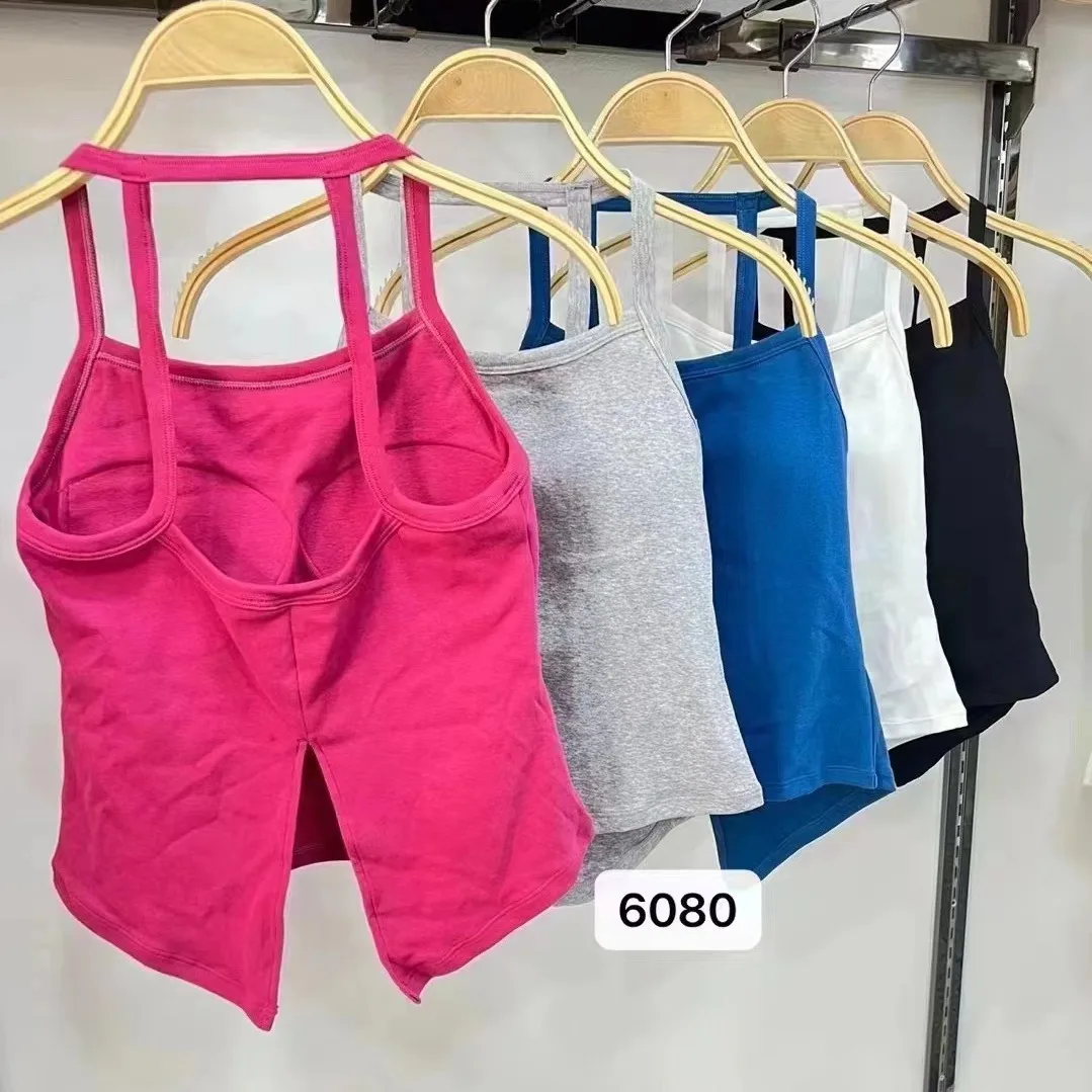Sexy Split Strap Vest Women's Beautiful Back Sports Underwear with Chest Pad Outdoor Design Sleeveless Top Trendy Cotton Denim