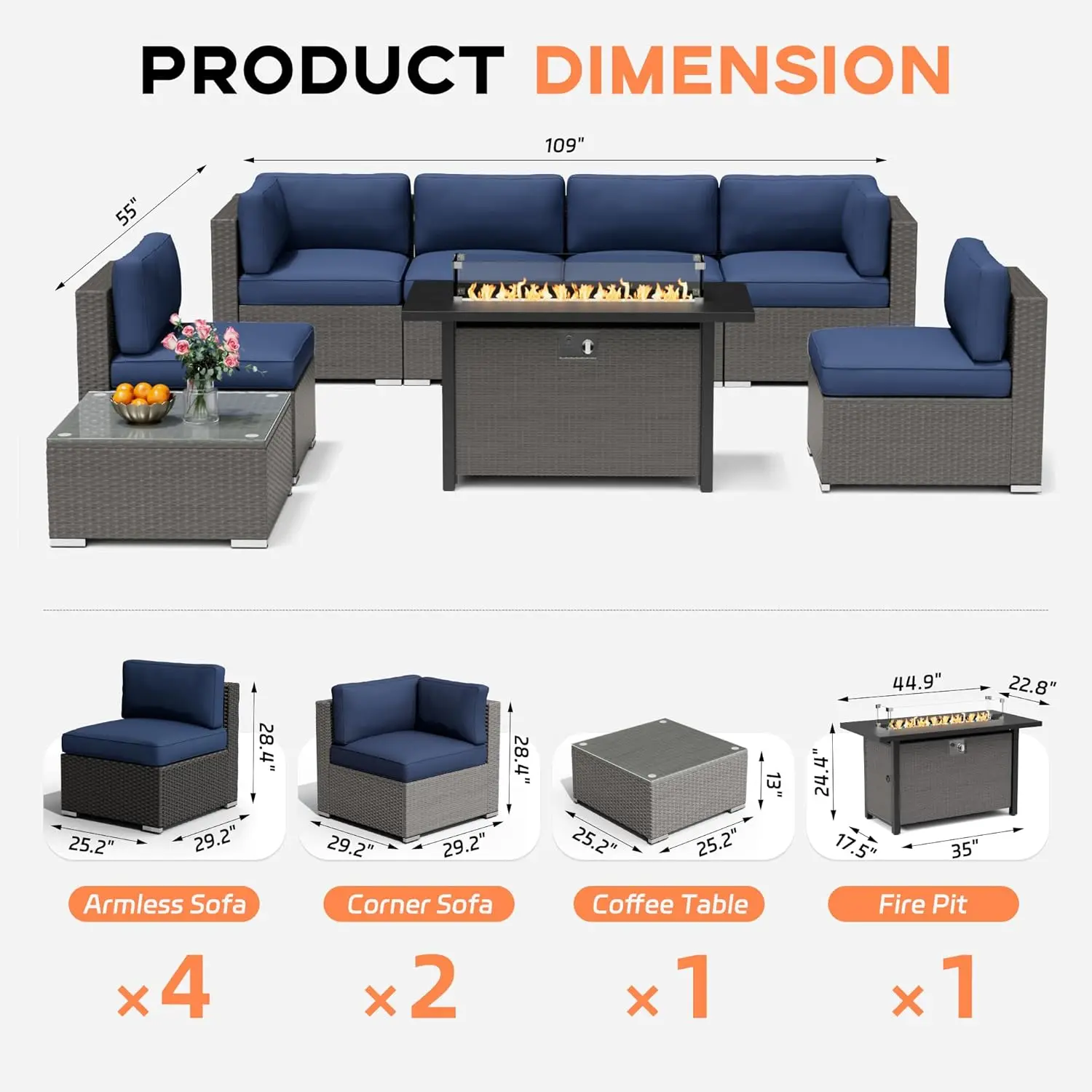 Oakcloud Conjunto de sofá de móveis para pátio externo de 8 peças, 45 polegadas, gás propano, mesa para fogueira, vime cinza, conjuntos de conversa seccionais