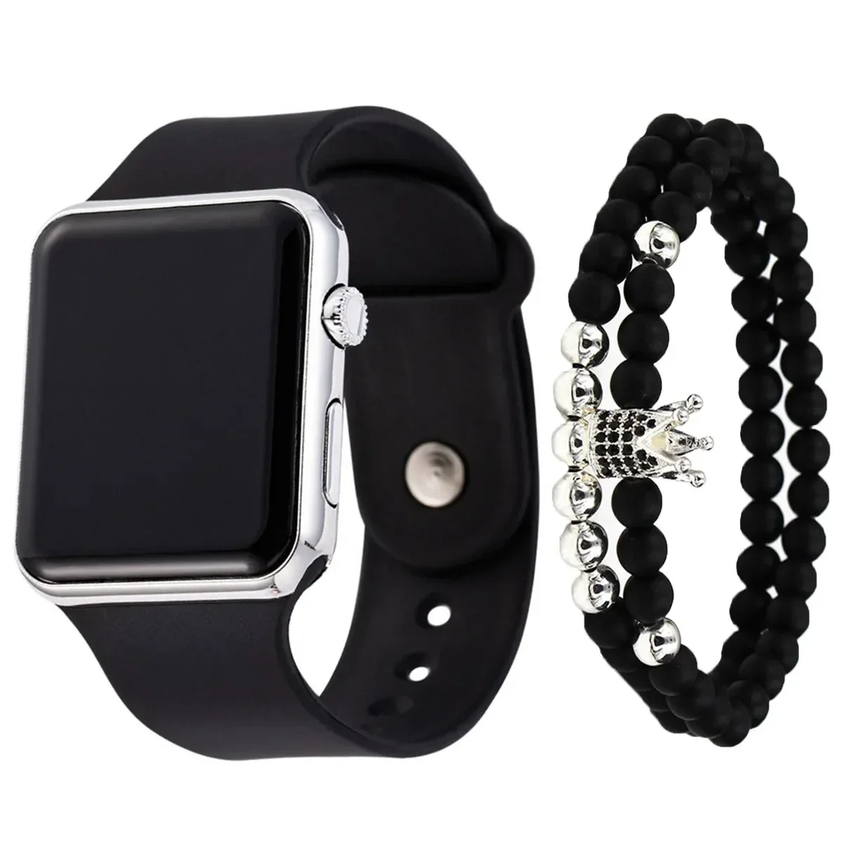 2Pcs Men Square Simulated Watch Set Silicone Strap Wristwatch With Black Beaded Crown Bracelet