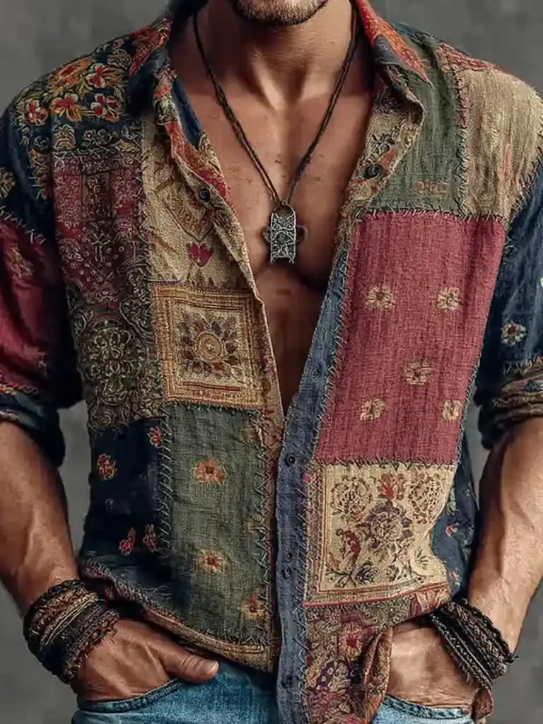 Vintage Men's Bohemian Floral Print Long Sleeved Shirt Collared Button Up Shirt Retro Hippie Casual Beach Vacation Top for Men