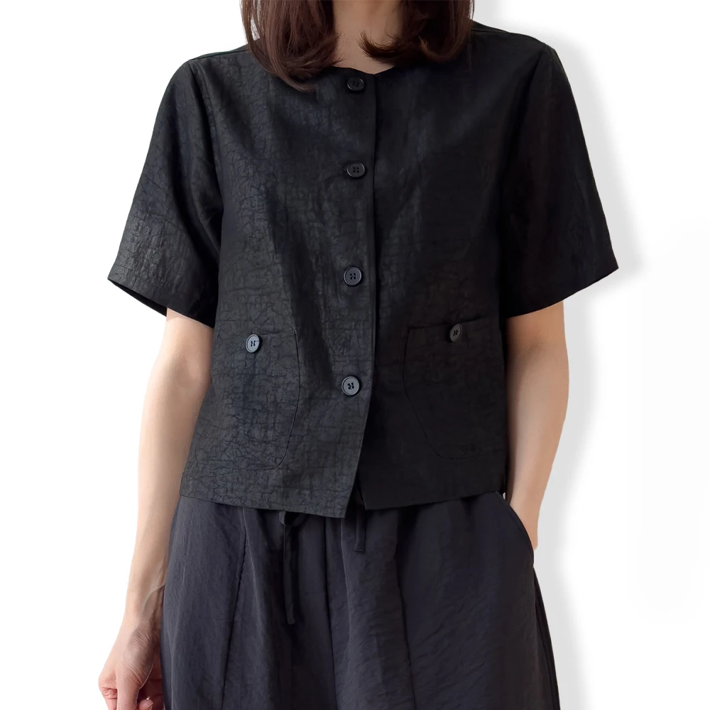 Women's Fashion Summer New Old Money Style 100% Natural Mulberry Silk Gambiered Guangdong Gauze Black Short Sleeve Coat