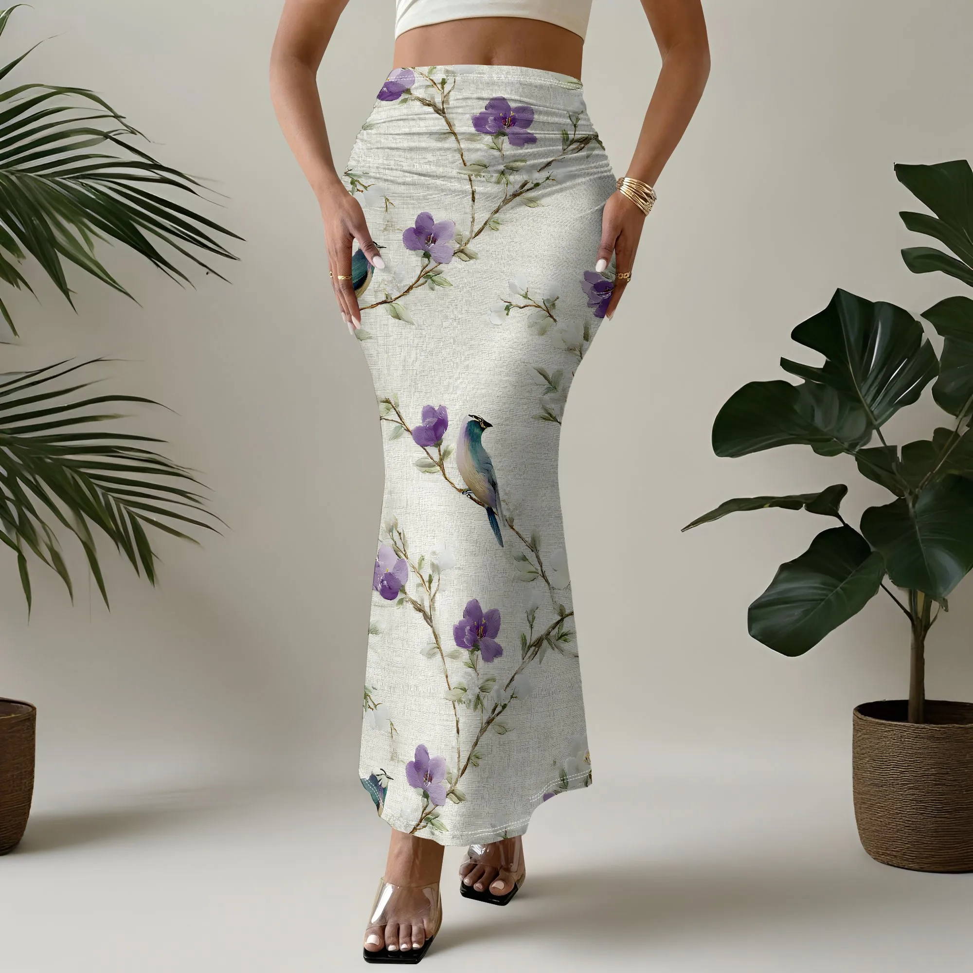 Floral Bird Print, Mermaid Skirt, Purple Flower Pattern, Nature Art Design, Elegant Party Wear, Beach Vacation Style, S-2XL