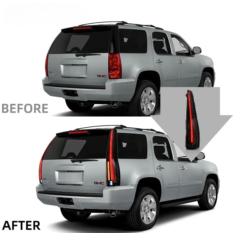 2 Stück 2007-2014 LED-Rückleuchten-Set für GMC Yukon Chevy Tahoe Suburban 2007-2014 Rückleuchte im Escalade-Stil mit dynamischem sequenziellem gelbem Blinker, Tagfahrlicht, Bremslicht und