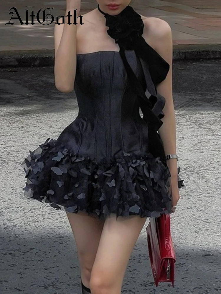 

AltGoth Fairycore Grunge Gothic Sexy Dress Women Aesthetic Y2k Strapless High Waist Corset Dress Hotsweet Mesh Patchwork Skirt