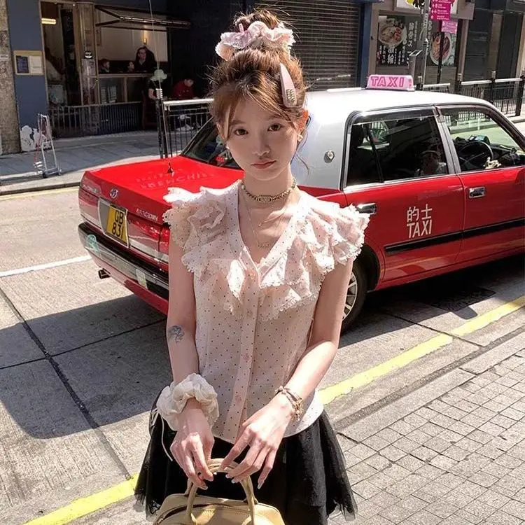 Pink Lace Trim Shirt Slimming Top Design Summer Short Sleeve Pleated Waistband Polka Dot Slimming Blouse Casual Style Women's...