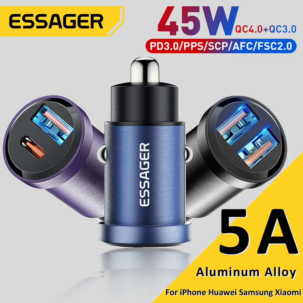 Essager 45W USB Car Charger Quick Charge4.0 QC PD 3.0 SCP 5A USB Type C Car Fast Charging For iPhone 14 13 Huawei Samsung Xiaomi