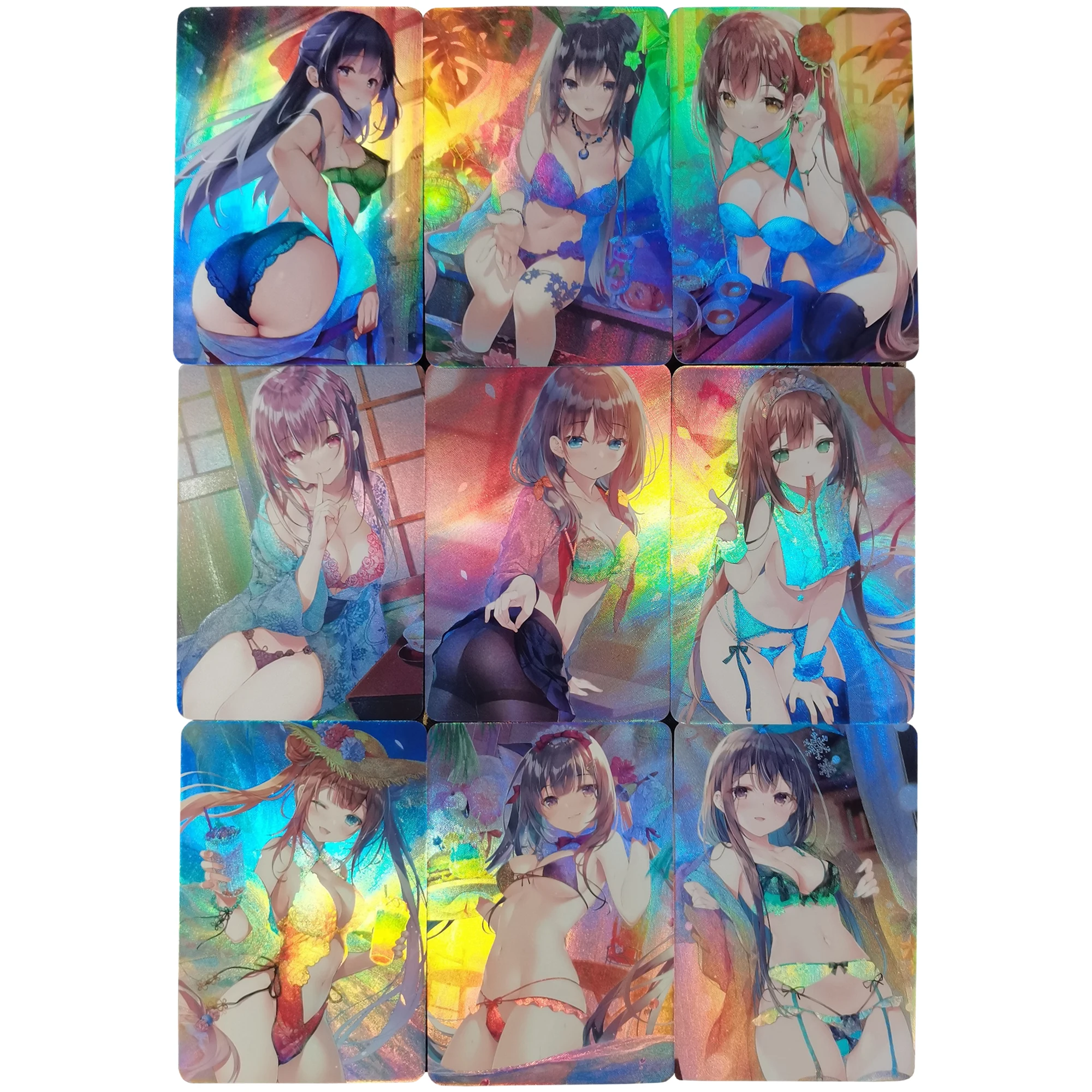 

9Pcs/Set Anime Girls Nude Refractive Flash Cards ACG Summer Sunshine Series Classic Anime Game Collection Cards Gift Toys