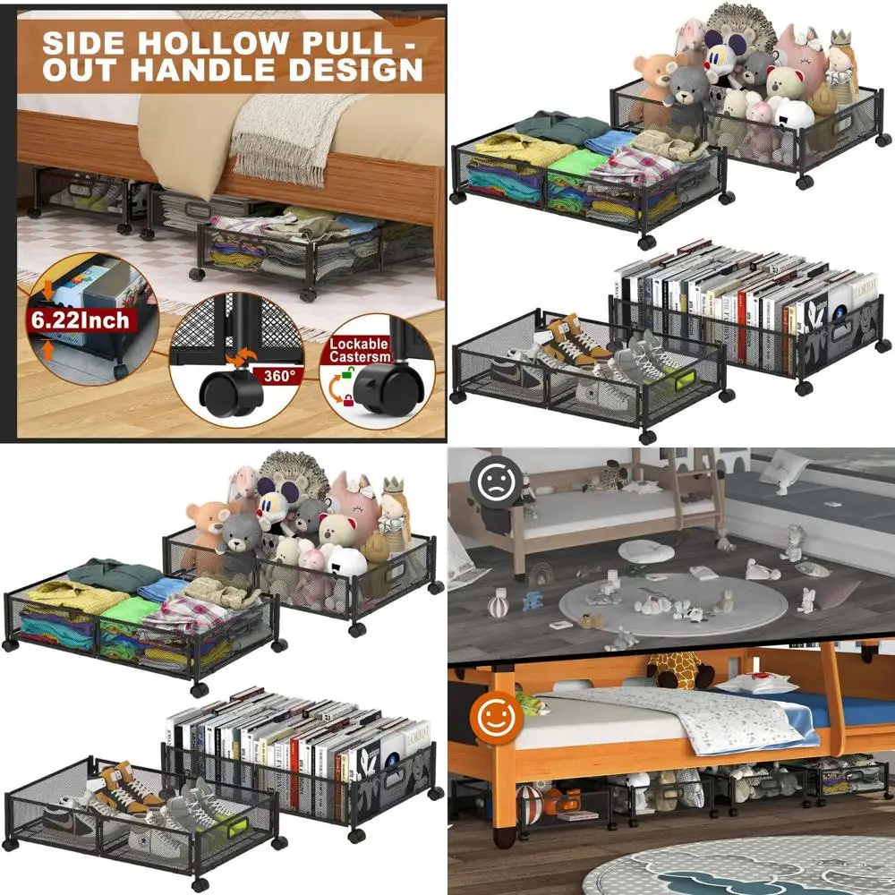 

4-Pack Collapsible Underbed Storage Boxes with Wheels and Handles for Clothes, Shoes, and Toys - Black