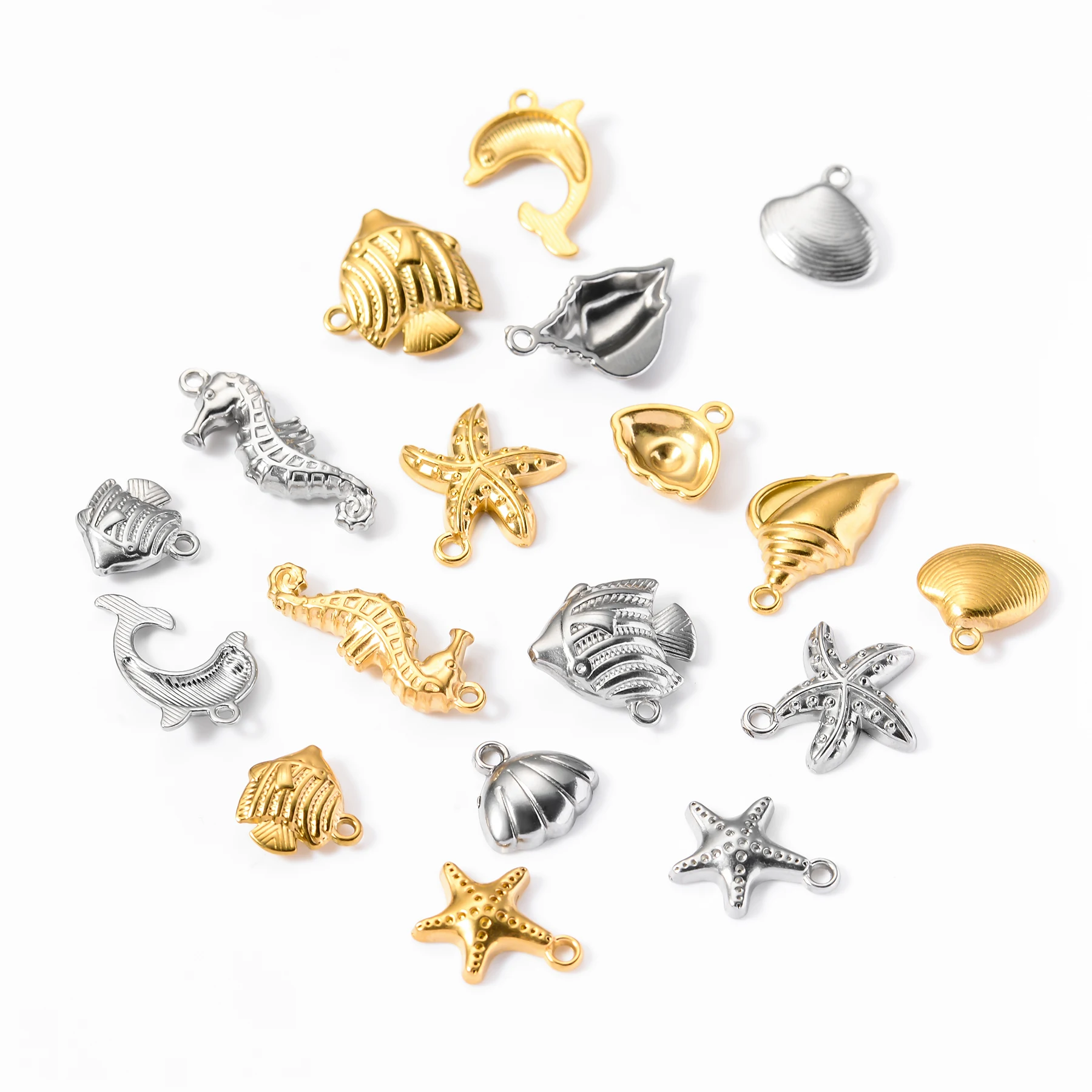 6pcs/lot Marine Animal Starfish Conch Shell Charms Stainless Steel Pendant For DIY Necklace Jewelry Making Supplies Gift