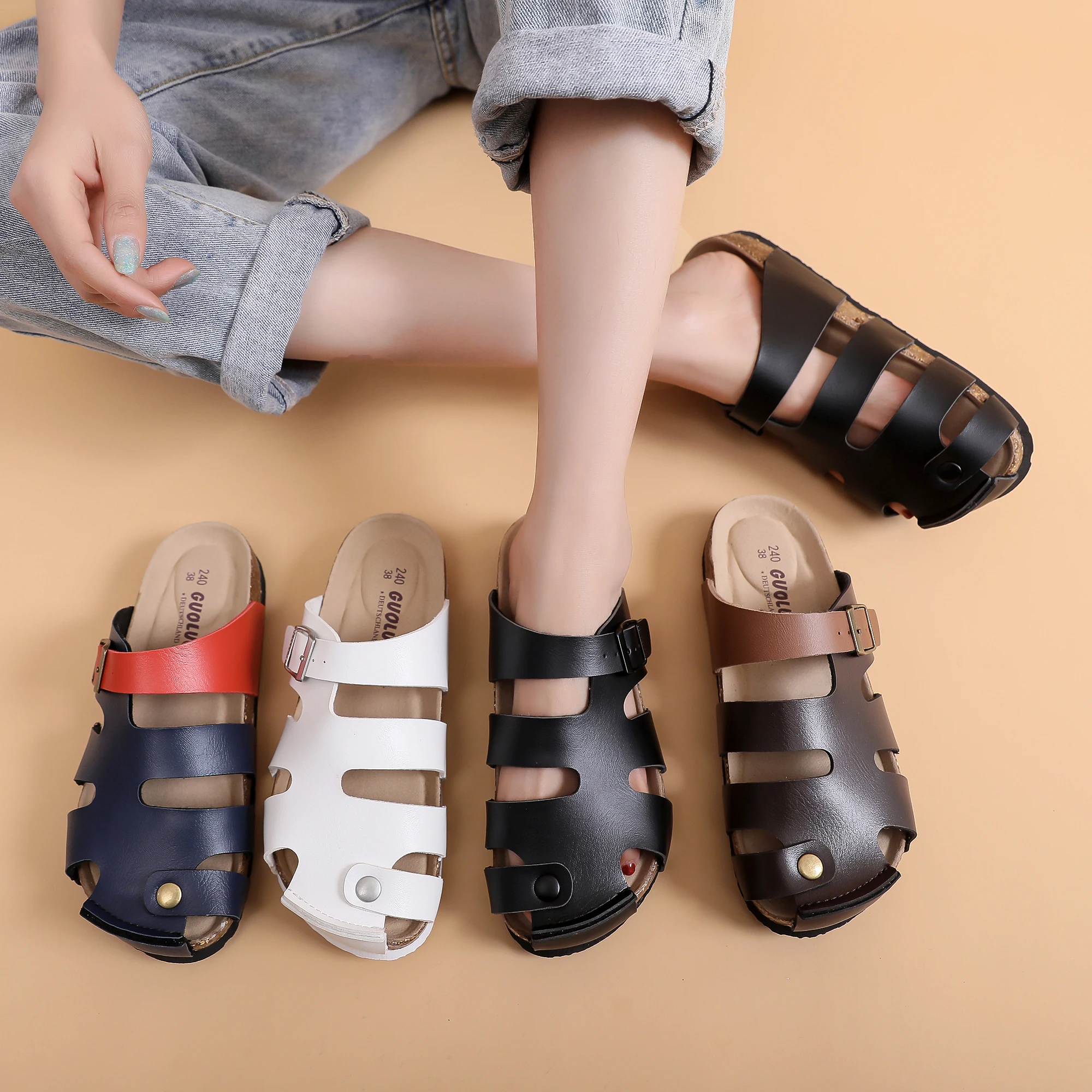 Guoluofei Unisex Ladies Custom Men Outdoor Roman Shoes Button Metal Buckle Flat Casual Cork Sole Sandals Slippers 4 Colors