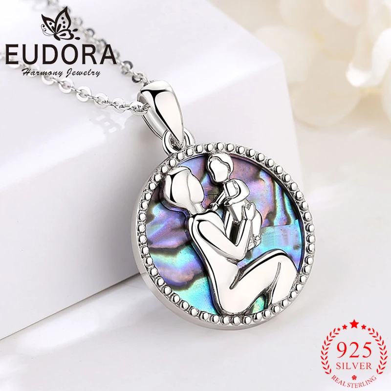 Eudora 925 Sterling Silver Mother Child Necklace Exquisite Natural Abalone Shell Pendant Women Fashion Jewelry Mother's Day Gift