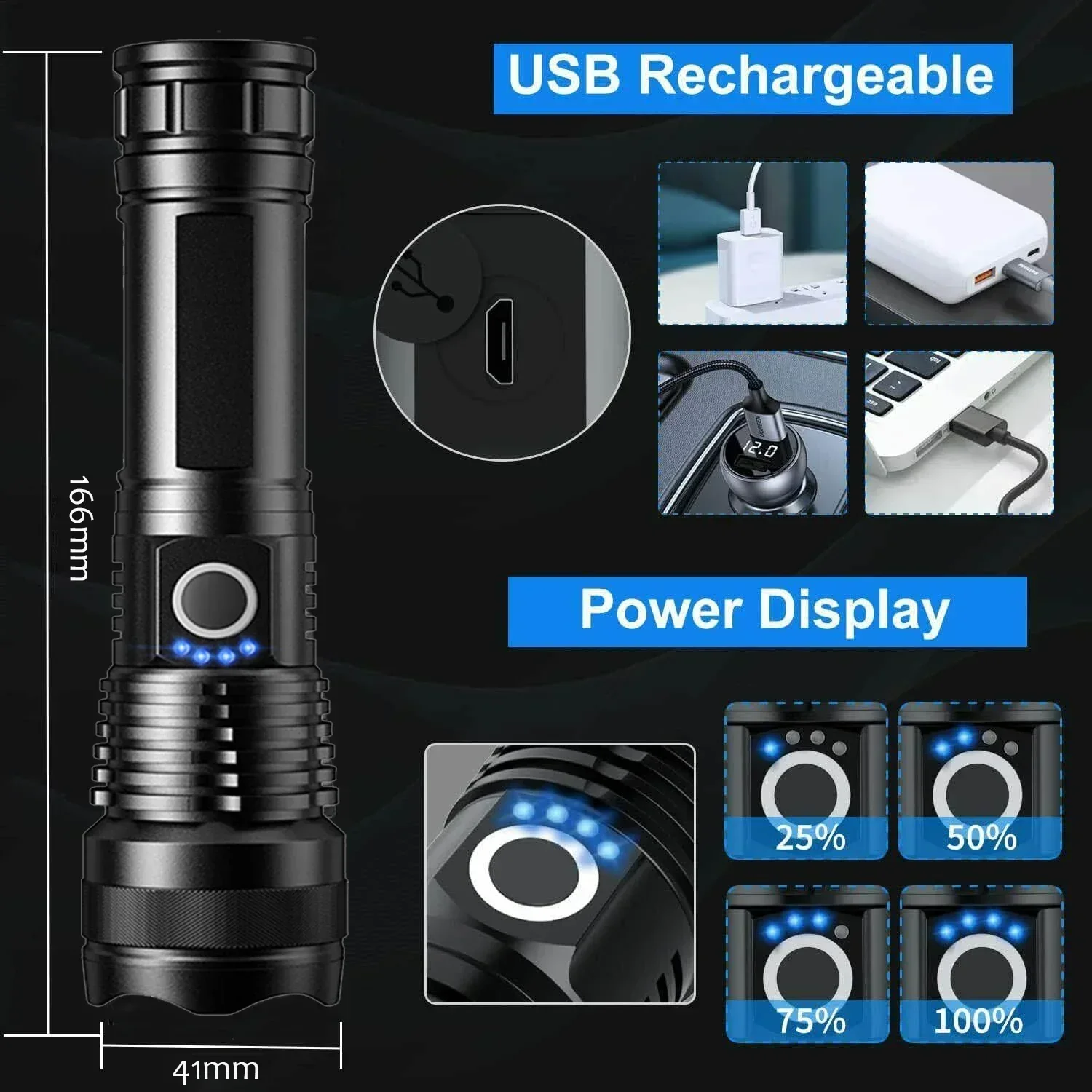 P50 Aluminum Alloy Glare Flashlight 26650/18650 USB Charging Long-Range Outdoor Waterproof Telescopic Zoom Night Fishing Light