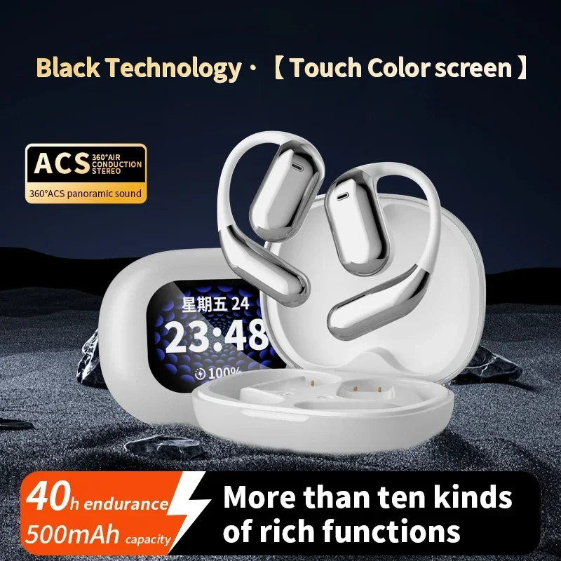 5.4 Bluetooth Open Ear Mounted LCD Screen Noise Reduction Earphones Full Color Touch Screen Bluetooth Earphones ANC Smart Screen