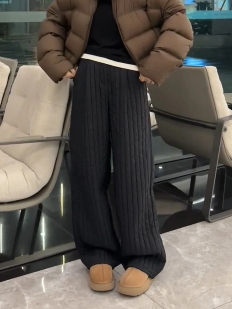 سراويل نسائية كاجوال من القطن ثينيد عالية الخصر فضفاضة مستقيمة الساق ملابس خارجية دافئة شتوية عصرية مقاس كبير