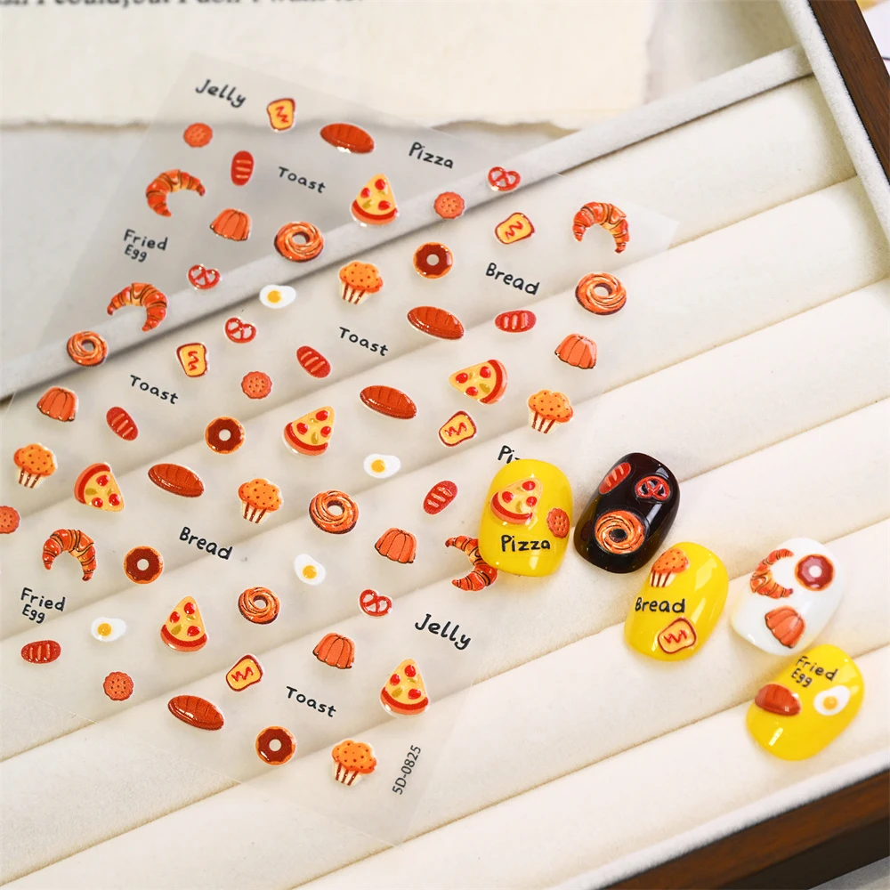 1 Sheet 5D Cartoon Toast Pizza Nail Decal Cute Embossed Bread&Fried Egg&Cookies Food Adhesive Nail Sticker Breakfast Nail Slider