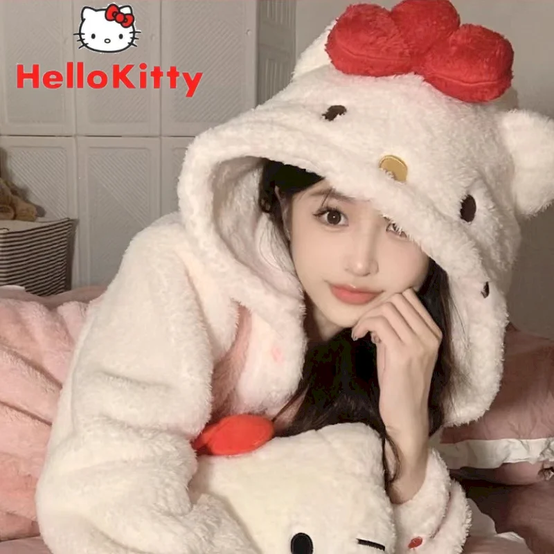 Hello Kitty Kawaii Winter Robes Cartoon Ins Coral Fleece Pajamas Thick Warm Cute Pijamas Women Home Couple Wear Pink Nightgowns