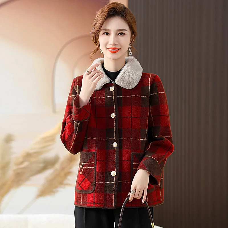 

2023 new middle-aged and elderly autumn and winter plaid mother wear noble coat women's fashion foreign style imitation