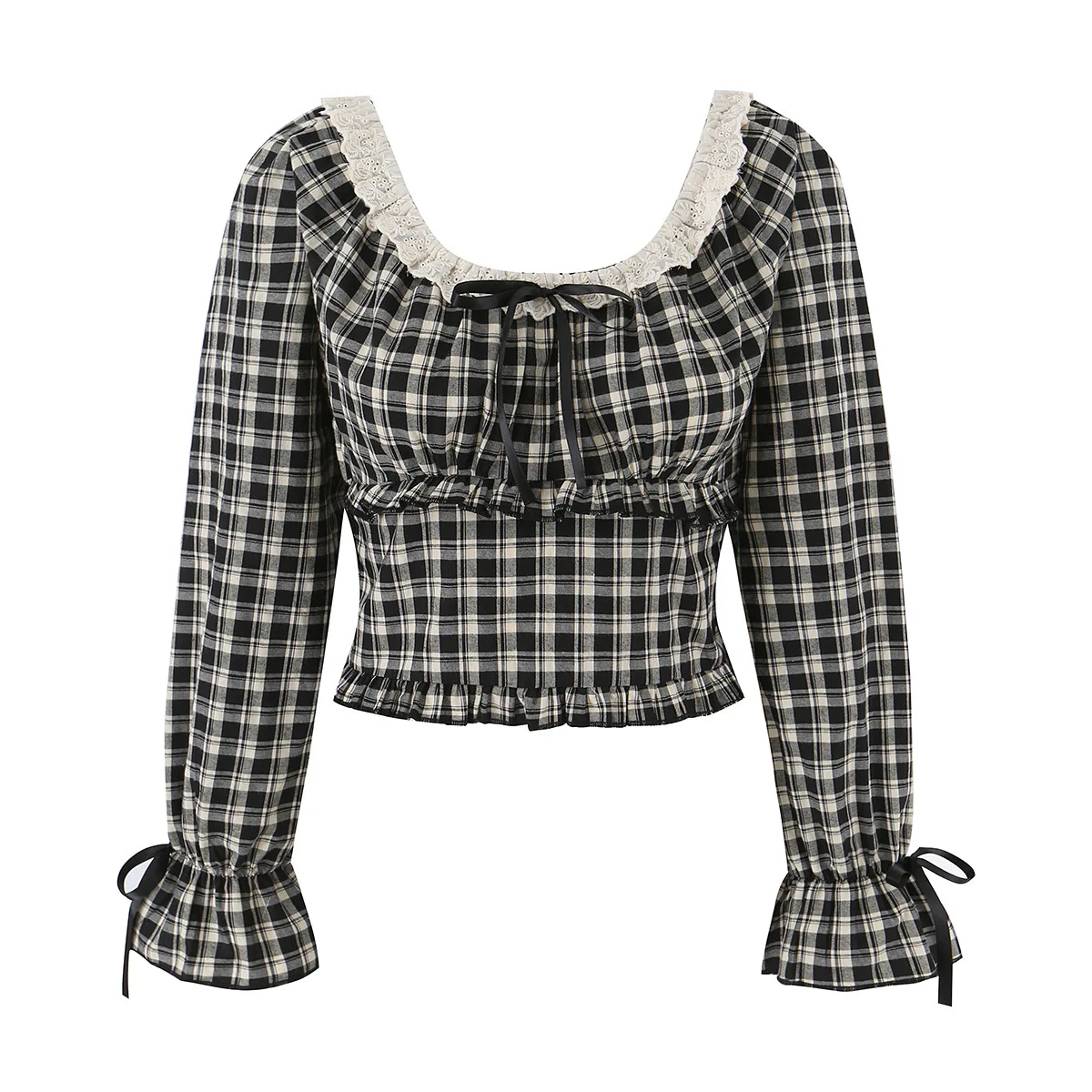Dave&Di 2026 Summer European Beauty Dress Grid Pattern Lace Bow Lace Collar Wood Ear Long Sleeve Shirt