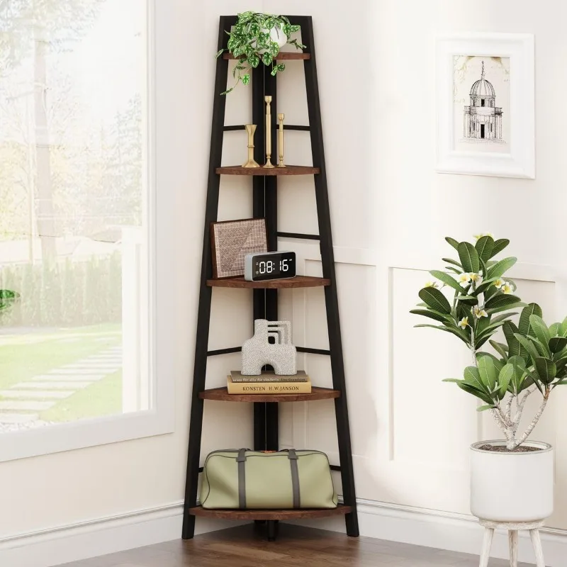 Rustic Tall Corner Bookshelf, 5 Tier Wood and Black Metal Corner Ladder Shelf, Industrial  Bookcase and Gray Corner Shelf