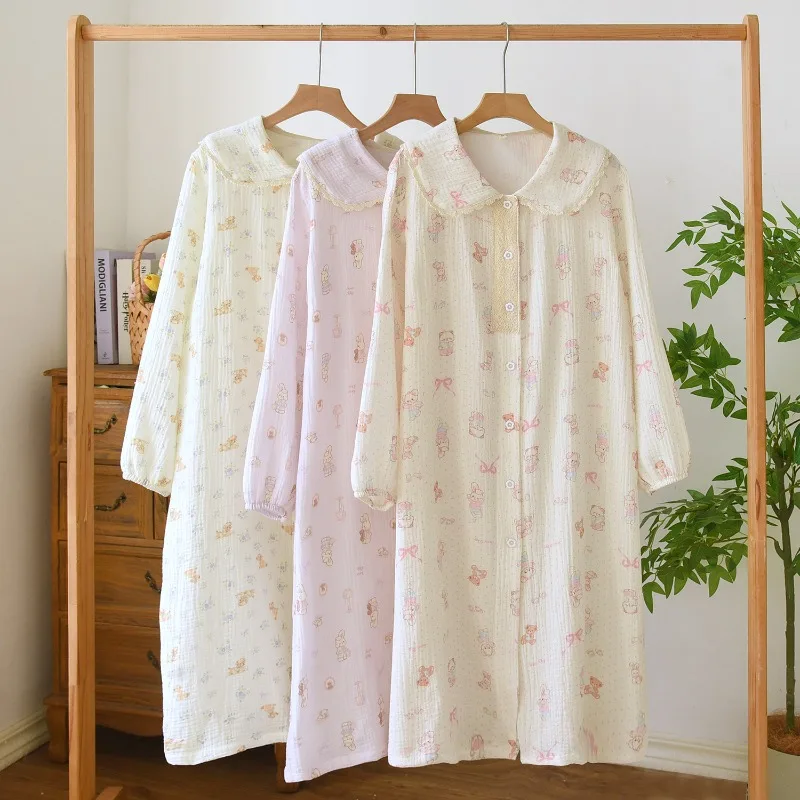 

2025 креповый хлопок с длинным рукавом, кружевной кукольный воротник, домашнее платье, милая женская пижама в стиле принцессы, свободная ночная рубашка для отдыха