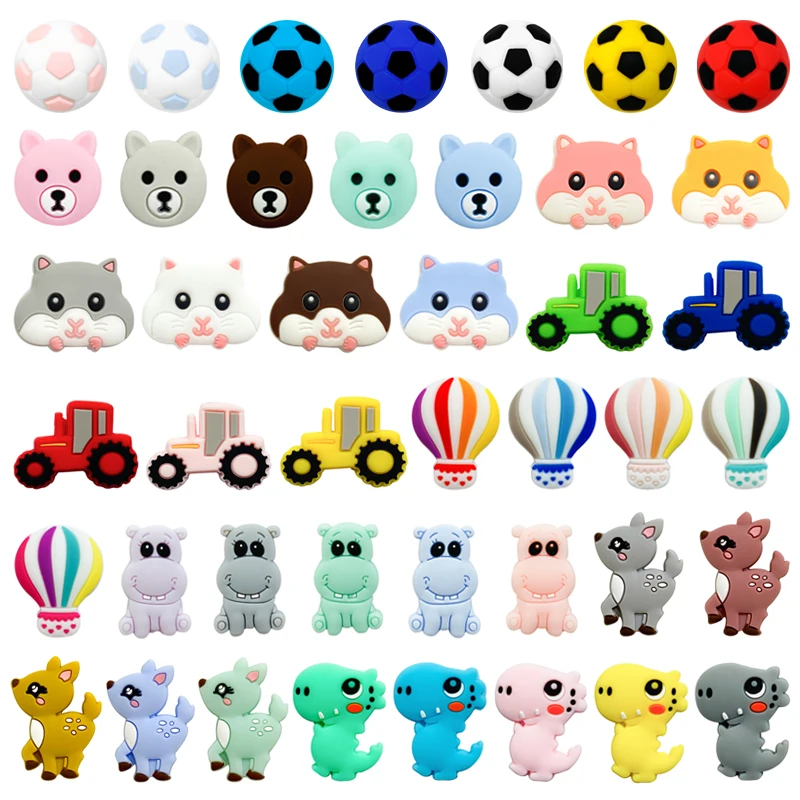 

10pcs Silicone Soccer Fawn Dinosaur Hippo Beads Silicone Baby Teething Beads cartoon Teething Toy Pacifier Chain Accessories