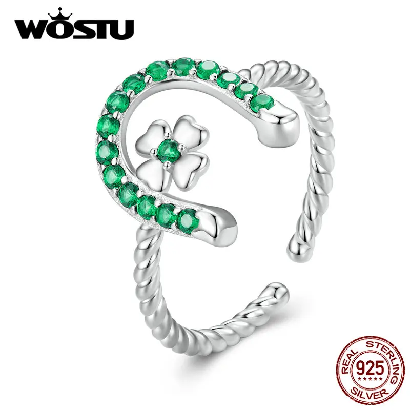 WOSTU Real 925 Sterling Silver Green Color Shiny Zircon Horseshoe Twisted Open Rings For Women four-leaf clover Adjustable Ring