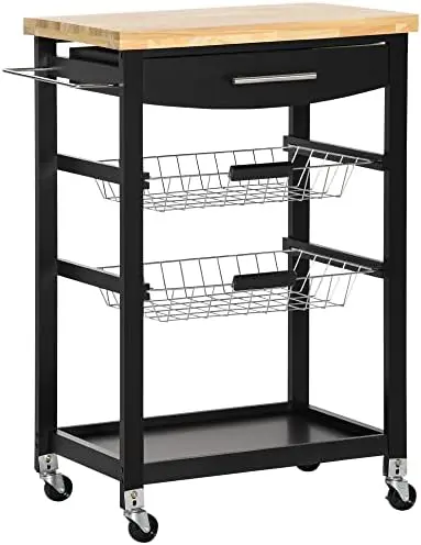 

3-Tier Kitchen Cart, Utility Cart with Solid Wood Top, Steel Basket, Rolling Kitchen Island with Drawer, Microwave Stand, Black