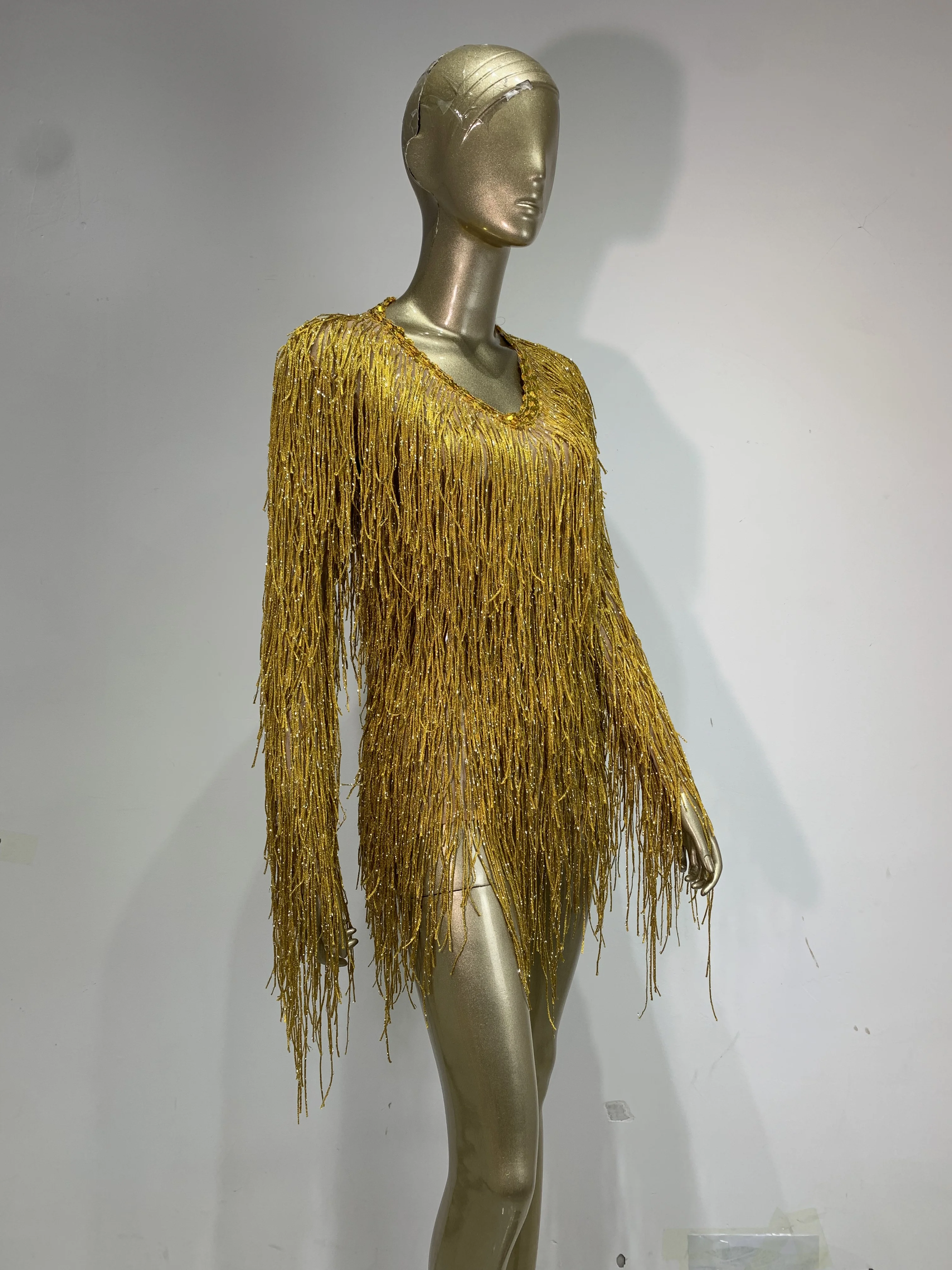 Women Luxury Gold Tassel Long Sleeve Diamond V Neck Backless Mesh Bodycon Leotard Evening Club Party Nightbar Stage Costumes