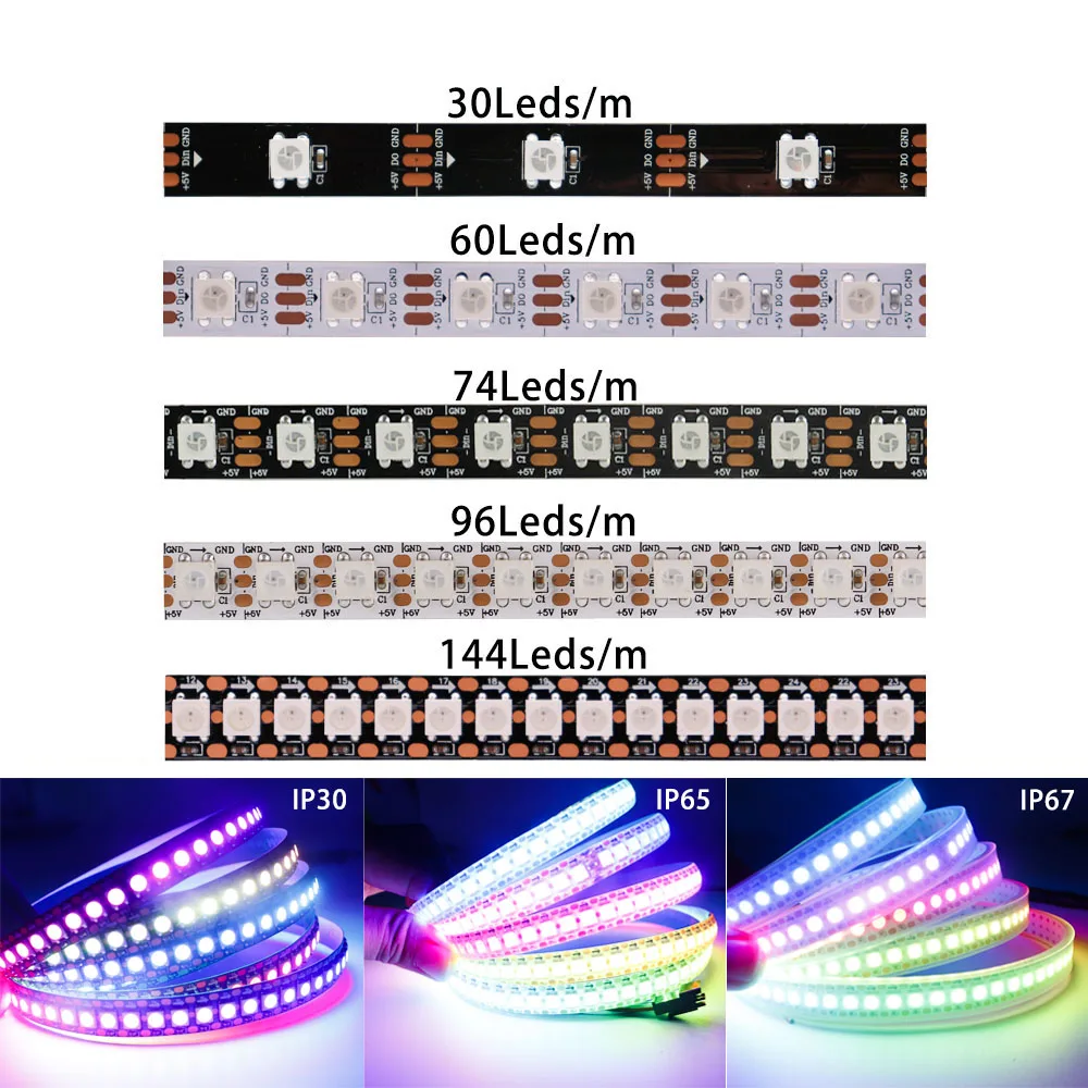 

DC5V WS2812B Individually Addressable Smart 5050SMD RGB LED Strip WS2812 30/60/74/96/144Leds/Pixels/m Magic Light IP30/65/67