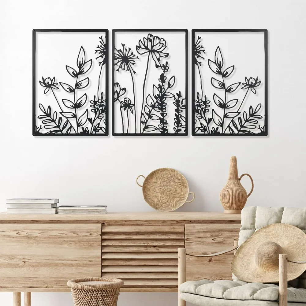 3 Pcs Black Metal Wall Art; Minimalist Flower Decor for Bedroom, Bathroom, and Kitchen. Hanging Sculpture, 16.5 x 9.8 Inch.