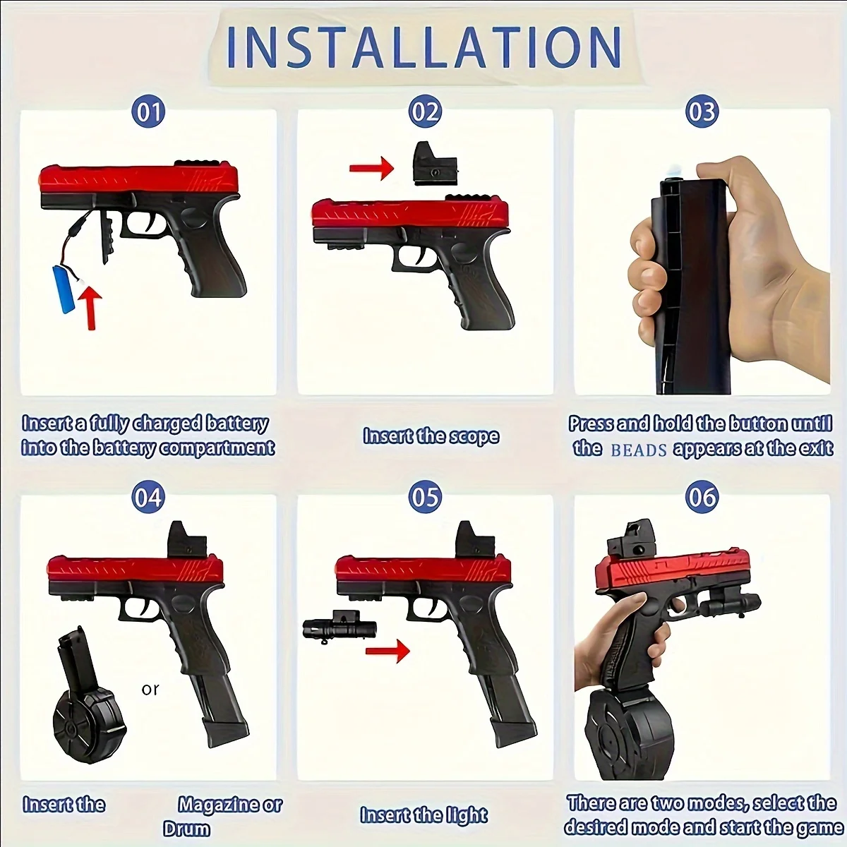 Beads Blaster, armas de juguete con tambor grande, modo dual de ráfaga manual y automático con efectos vinculados, más potentes, para equipo de disparos