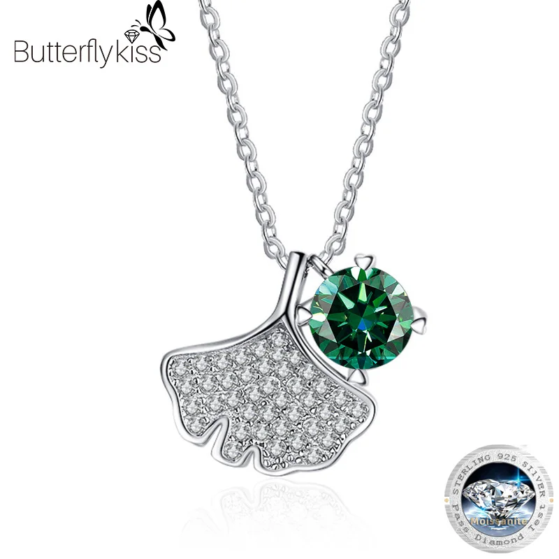

Подвеска Butterflykiss 1,0 CT с зеленым листом гинкго и муассанитом и бриллиантами для женщин, серебряное ожерелье 925, рождественские подарки на День святого Валентина