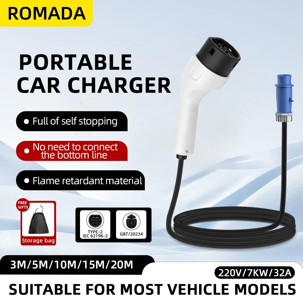Romada type2 IEC62196-2 para veículo elétrico 7kw 32a ev carregador portátil 3m 5m 10m 15m 20m cabo evse cee plug wallbox adaptador