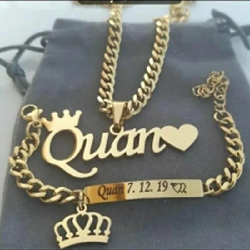 Crown Charm Name Necklace Custom Jewelry Stainless Steel Personalized Nameplate Pendant Necklaces Curb Cuban Chain Choker Gift