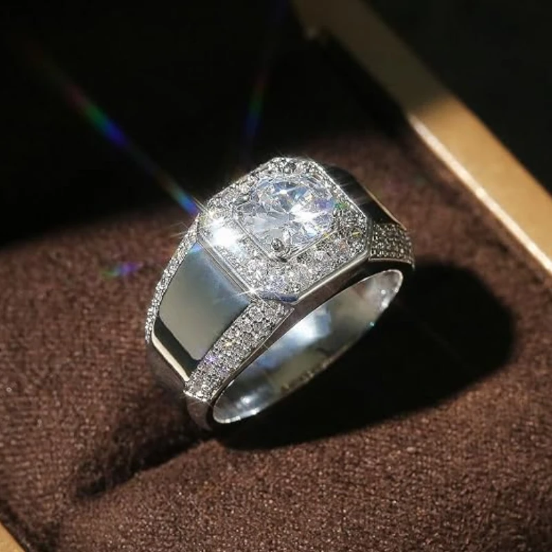 Huitan Luxury Silver Color Round Cubic Zircon Rings for Men Classic Wedding Ceremony Ring Dazzling Male Accessories Jewelry Hot
