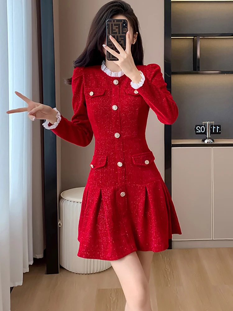 Autunno inverno rosso brillante seta ciniglia Mini abito 2024 nero elegante pizzo arruffato colletto vestito da donna di lusso aderente vestito da