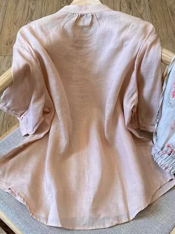 

Summer New Loose Fit Women's Cotton irt Stand Collar ort Sve Lightweight Simple Sle Korean Version plus Size irt