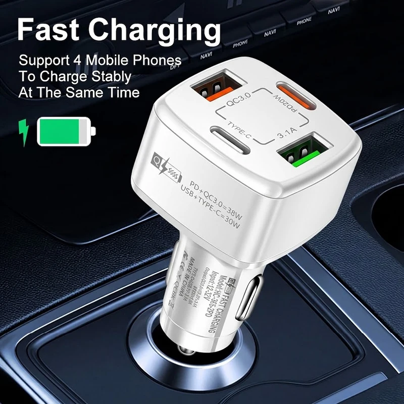 4-Port USB C Car Charger PD 20W QC 3.0 Fast Charging Adapter Multi-Device Type C Auto Adapter PC Metal Fireproof Shell