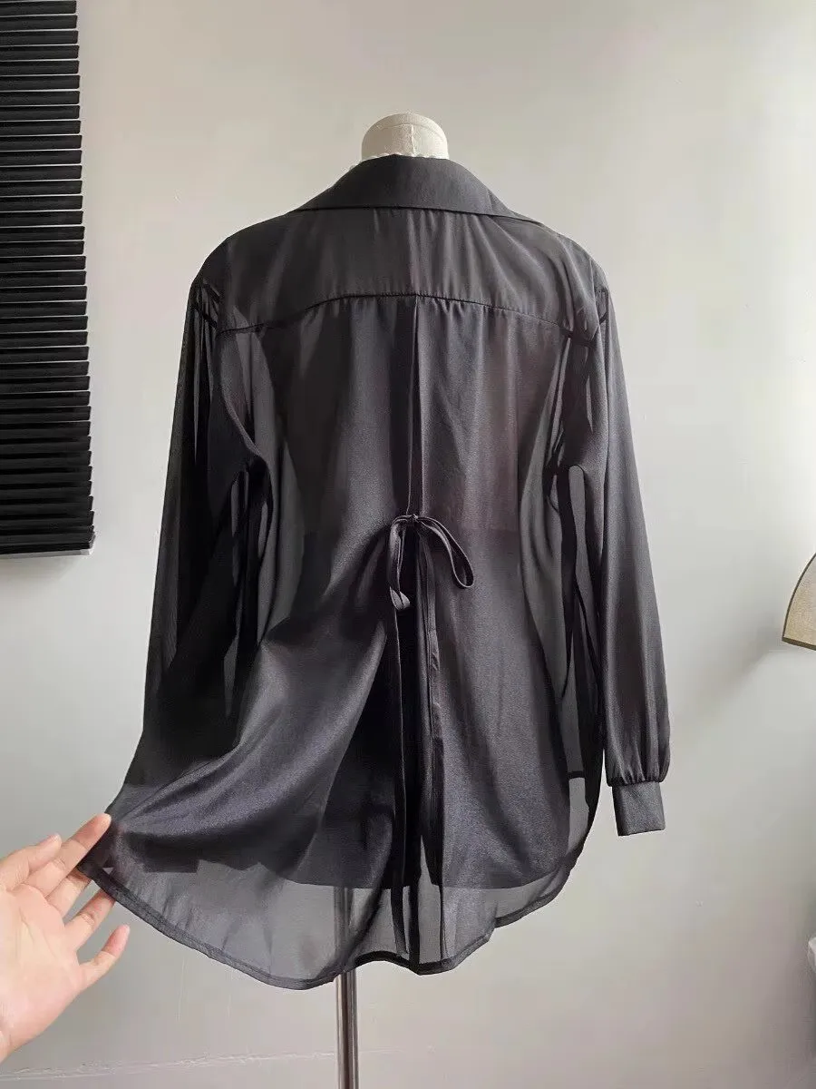 Lightweight Tunic Shirt with Open Back Slit Button Up Collared Loose Blouse Women Spring Summer 2026 Stylish Cover-up Tops